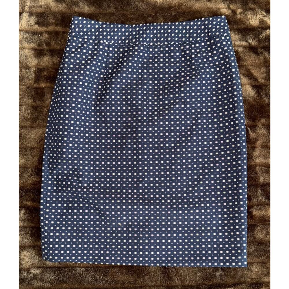 Coldwater Creek 8 Ivory Woven Block Pattern on Dark Blue Pencil Skirt MINT!